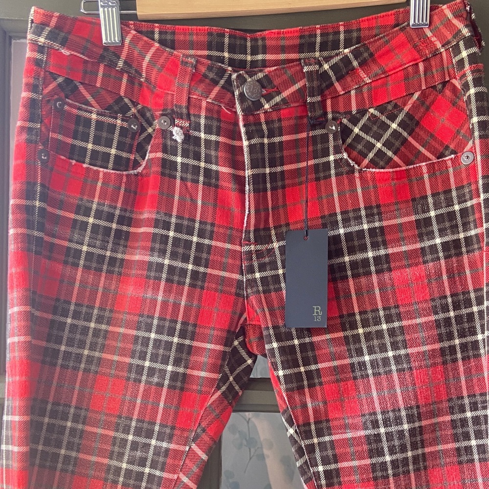 R13 Red Plaid Boy Straight Jeans Size 28 NWT